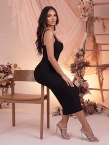新款性感女士纯色中长款绷带连衣裙，时尚女士粗肩带无袖紧身露背镂空设计连衣裙，适合婚礼、派对、活动等正式场合穿着。 - 黑色 - 查看 10