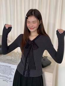 女款波點拼接蝴蝶結長袖修身T恤上衣，小眾設計，秋季 - 灰色 - 查看 5