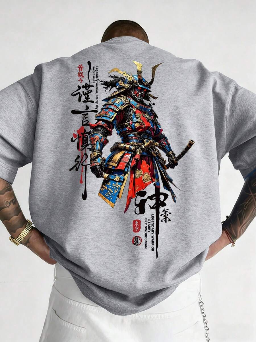 男士夏季時尚百搭街頭風武士印花圓領短袖T恤 - 灰色 - 查看 1
