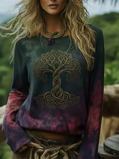 Blusa de mujer talla grande con estampado del árbol de la vida, cuello en V con muesca y manga 3/4