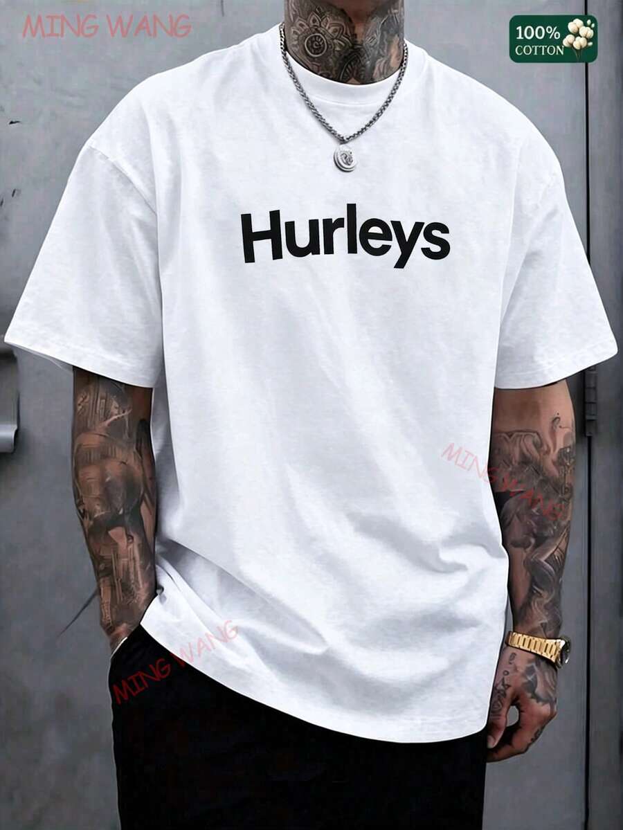 Men's Hurley Graphic T-Shirt - Navy Blue With White Logo Print, Vintage-Inspired Cotton Tee, Comfort & Fade-Resit Ink, For Beach Or Street Style-L88 - 白色 - 查看 1