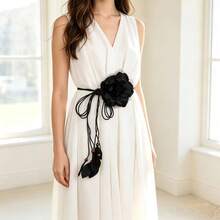 1Pc Boho Chiffon Floral Knotted Waist Sash, Versatile Wax Rope Tassel Tie Belt, Adjustable Summer Beach Wedding Dress Decor For Women - Floral Waist Tie - View 2