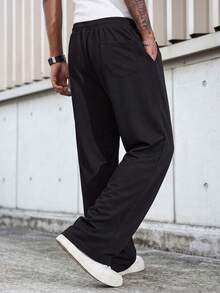 MAISONFOX Men's Black Loose Drawstring Wide Leg Sweatpants, Vertical Gothic Letter & Vintage Portrait Print, Pockets Streetwear Long Pants - Black - View 2