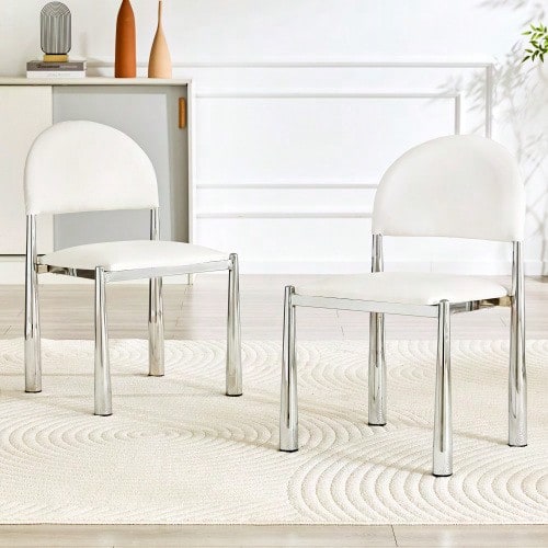 Set Of 2 Modern Dining Chairs, Upholstered Chair With Semi-Circular Backrest, Kitchen Chair With PU Leather & Metal Legs - 白色 - 查看 1