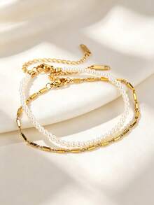 2pcs/Set Minimalist Stainless Steel Chain Layered Bracelet Set, Faux Pearl Decor, Fashionable Jewelry Gift For Women, Versatile For Holidays - Yellow Gold - View 2