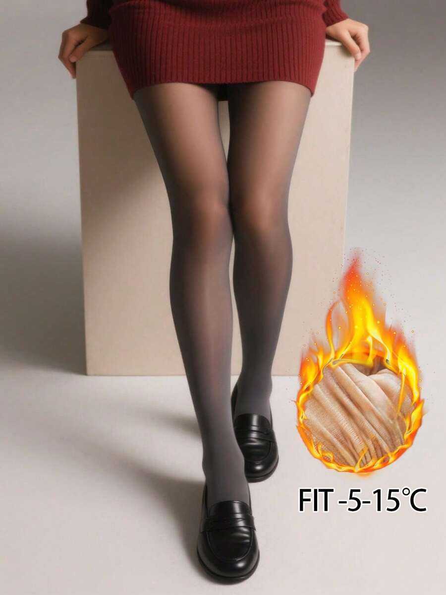 Women's 220g Sexy Thick Warm Tights, Nylon Leggings, Fleece Lined, Black, Suitable For -10-10°C, Semi-Transparent, High Waist, Autumn/Winter - Grey - View 1