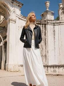 Giolshon Women's Street Style Faux Leather Short Motorcycle Jacket - Asymmetric Zipper, Stand Collar, Suitable For Winter Fashion Outfits Black Fall - Black - View 9