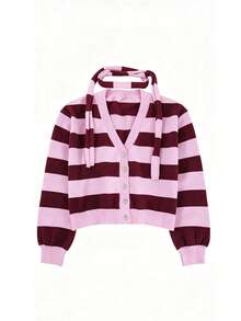 Áo cardigan len nữ cổ chữ V kẻ sọc hồng nâu, tay dài, chi tiết dệt gân, kèm khăn quàng, co giãn vừa, kiểu chui đầu - Nâu hồng - Xem 7