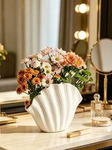 Jarrón de cerámica con forma de concha blanca, jarrón decorativo de flores con textura acanalada minimalista moderna para sala de estar, mesa de comedor y decoración del hogar - Jarrón de conchas marinas - Ver 2
