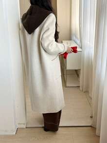 Casual Chic Women's White Wool Overcoat, Full Length Regular Fit With Hood And Buttons, Ideal For Winter. - Beige-brown - View 3