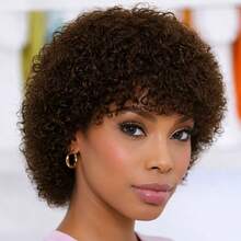 AMECIRE Women's Short Hair Wig Curly Wig Brown Wig Pixie Cut Wig Human Hair Wigs With Bangs Elastic Mesh Cap Suitable For Everyday Wear And Holidays - S4 - View 3