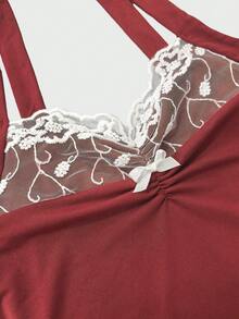 Women's Sweetheart Neckline Knitted Camisole, Wide Straps, Contrast Lace Detail, Regular Length Tank Top - Red - View 3