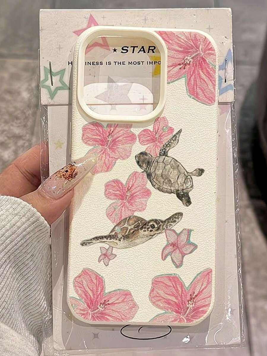 1件時尚個性化粉色花朵與海龜圖案荔枝紋理手機殼 全包覆TPU保護殼 適用於iPhone17/17Pro/17ProMax/16/16Pro/16ProMax/15/15Pro/15ProMax/14/13/12/11 - 米色 - 查看 1
