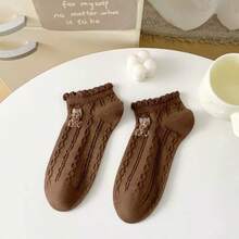 3/5/6/8/10 Pairs Women's Cute Bear Print Ruffle Edge Short Socks, Brown Sweet Low-Top Casual Socks, Suitable For Daily School Wear - Multicolor - View 8
