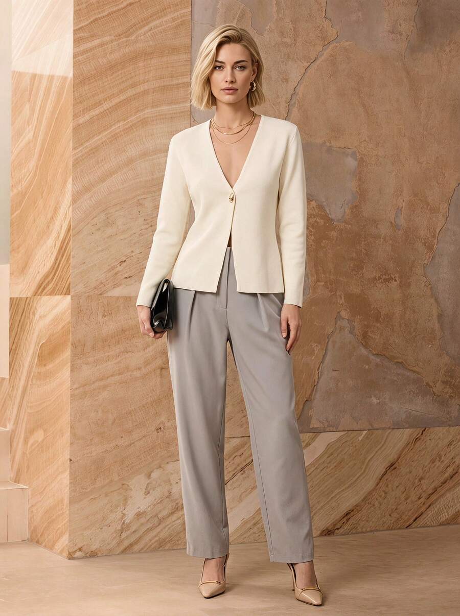 Casual & Versatile Solid Color Knitted Cardigan - Beige - View 1