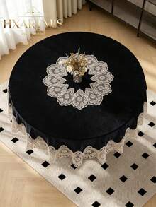 HXARTMIS 1PC Black Velvet Round Tablecloth, Exquisite Embroidered Gold Thread Lace Scalloped Edge Decor Table Mat, Suitable For Dining Room, Kitchen, Wedding, Banquet, Home Decor, Dust-Proof Tablecloth - Black - View 3
