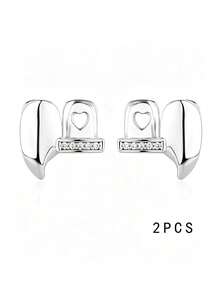 2pcs Set Fashion Symmetrical Diamond Inlaid CZ Teeth - Silver Plated Upper & Lower Jaw Hip Hop Party & Halloween Costume Accessory - Multicolor - View 2