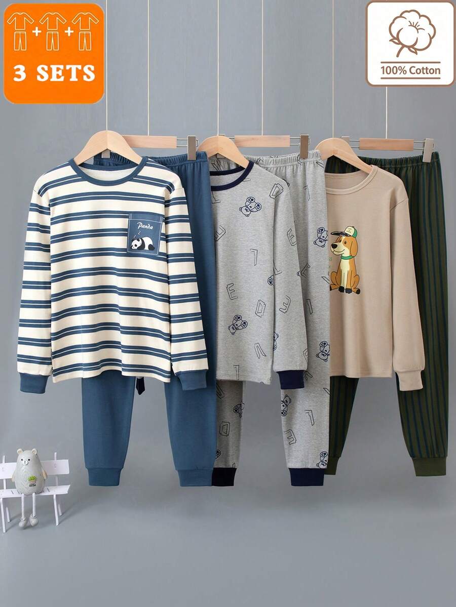 3 Sets Boys Underwear Set Striped Print Medium Thick Spring Autumn Long Sleeve Long Pants Loungewear Set - Multicolor - View 1