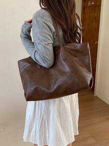 Dedoo Tas Tote Bahu Kulit Lembut Warna Polos, Tas Tangan Minimalis dengan Tali Panjang untuk Sehari-hari, Cocok untuk Kantor dan Perjalanan, Kapasitas Besar, Ransel Pelajar, Kampus Universitas - Coklat - View 2
