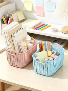 5/3/1pc Minimalist Aesthetic Macaron Color Plastic Rectangular Woven Texture Open Storage Basket, Dual Handle Stackable Snack Storage Box, Kitchen Bathroom Closet Desktop Cosmetic Sundries Organizer Box, Daily Use - Multiple Colors and Styles - View 3