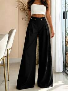 SUNSTORY Women's All-Season Solid Color High-Waist Wide-Leg Trousers, Featuring Pleated Waist And Draped Floor-Length Pants - Black - View 3