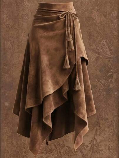 Vintage Western Style Asymmetrical Mid-Length Skirt With Waist Tie And Tassel Decor, Solid Color Casual Criss-Cross Spring Brown