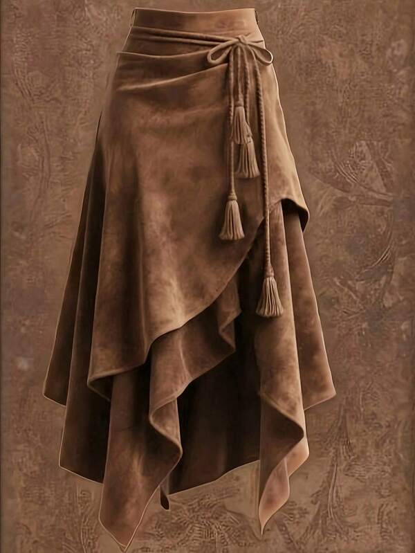 Vintage Western Style Asymmetrical Mid-Length Skirt With Waist Tie And Tassel Decor, Solid Color Casual Criss-Cross Spring Brown