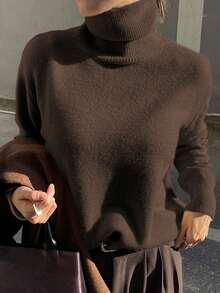 Women's Cozy Chocolate Brown Knit Turtleneck Sweater, Long Sleeve Pullover For Fall & Winter Daily Wear - Brown - View 2