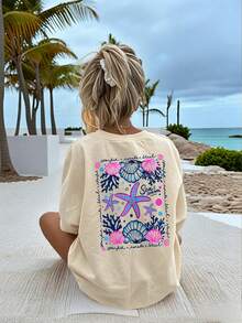 Girls Summer "Ocean Season" Starfish & Shell Print T-Shirt, Casual Round Neck Beach Style Short Sleeve Top - Apricot - View 10