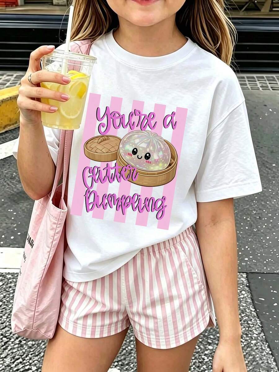 Tween Girl Casual Fun Print Round Neck Pullover Short Sleeve T-Shirt Summer Top - White - View 1