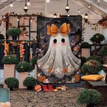 1pc 2D Flat Halloween Ghost Bow Garden Flag, Vintage Dark Spider Web Bat Autumn Outdoor Decor Flag, No Electricity Required, 12" X 18", Perfect For Various Garden And Patio Occasions (Flag Pole Not Included), Single-Sided Print - A - View 1