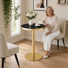 Modern Round Side Table With A Gold Stainless Steel Frame And Marble-Look Top For The Living Room, Luxury Side Table With A Sturdy Base. - 黑色+金色+中密度纖維板 - 查看 9
