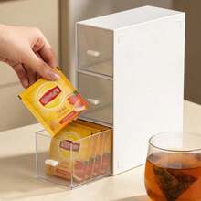 Plastic Tea Bag Organizer, 3-Drawer Stackable Storage Container For Coffee, Sugar Packets & Snacks, Clear/White Pantry, Countertop, Desk Organizer For Kitchen, Office, Home - 9.1" X 6.5" X 3.2" - Transparent - View 1