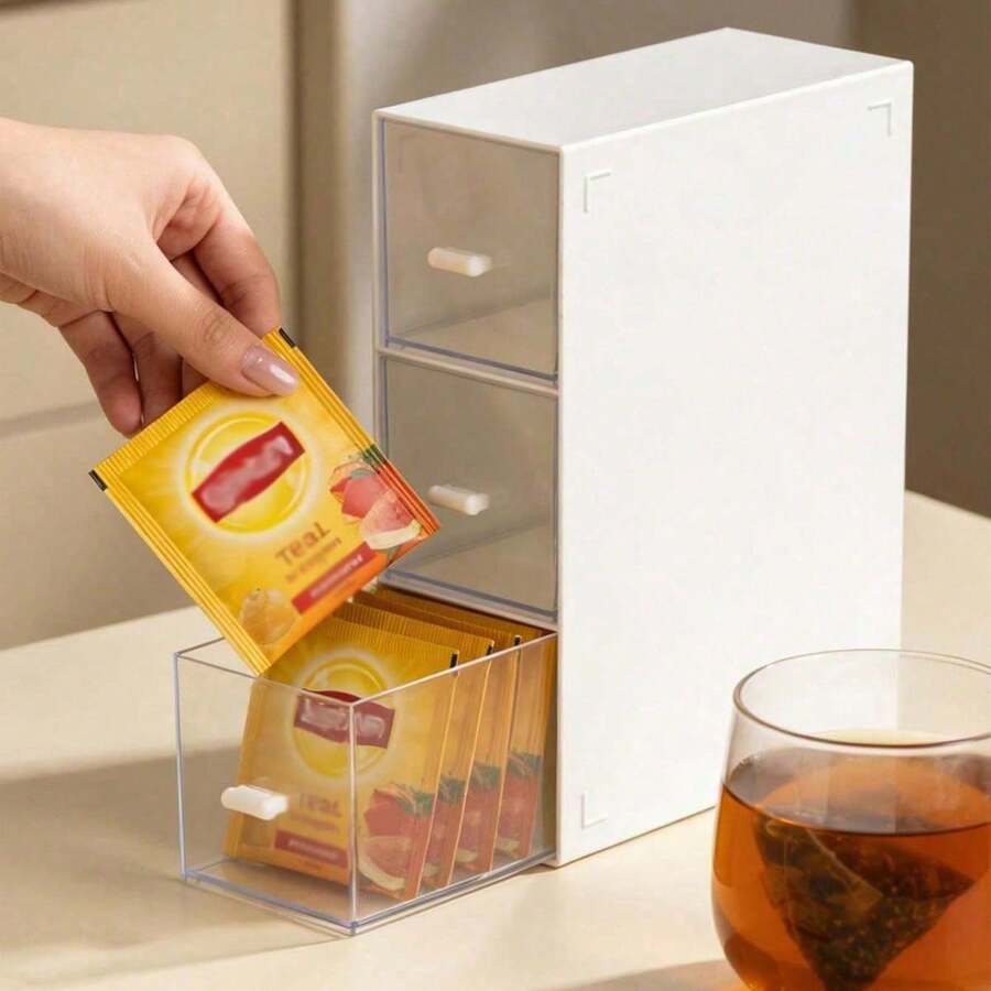 Plastic Tea Bag Organizer, 3-Drawer Stackable Storage Container For Coffee, Sugar Packets & Snacks, Clear/White Pantry, Countertop, Desk Organizer For Kitchen, Office, Home - 9.1" X 6.5" X 3.2" - Transparent - View 1