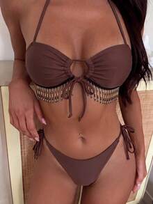 2026 Ultima Moda Abbigliamento da Spiaggia Sexy Elegante Stile Influencer Decorazione con Nappine Bohémien Bikini a Due Pezzi con Spacco Stile Vacanza Set Costume da Bagno Donna Estate - Marrone rossastro - Visualizzare 2