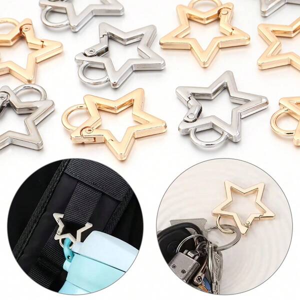 5pcs Zinc Alloy Flat Wire Small Five-Pointed Star With Ears Spring Clasp, Bag Strap Connector, Clothing Hardware Accessory, Star Pendant