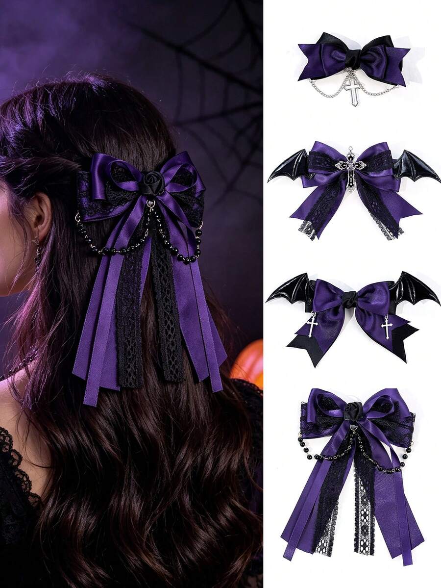 1pc Dark Gothic Purple & Black Satin Lace Bow Hair Clip With Bat Wings ...