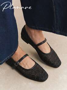 planare New Women's Popular Summer Fashion Minimalist Elegant Woven Solid Color Mesh Design Slip-On Square Toe Adjustable Strap Buckle Flat Black Mary Jane Shoes, Suitable For Daily Commute, Dating, Office, Evening Party And Other Occasions, Cute Shoes, Ballet Shoes, Comfortable Women's Shoes, Apartment, Women's Apartment, Black Flat Shoes, Mary Jane Shoes, Mules, Elegant Women's Shoes - Black - View 4