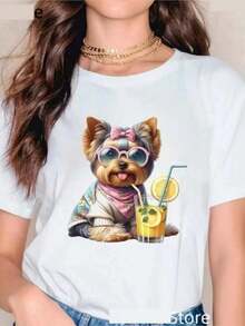 Yorkshire Terrier Dog Animal Print Femme Tshirt Fashion Harajuku Wo T-Shirt Summer Short SLeesved Tshirt Top - White - View 2