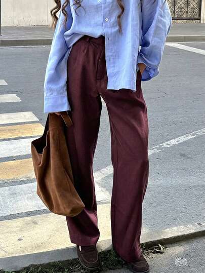 High-Waist Pleated Design Loose Slimming Burgundy Straight Leg Trousers All-Match Versatile Draping Non-Clinging Wide Leg Fit Vintage Red Slouchy Commute Floor-Length Casual Long Pants