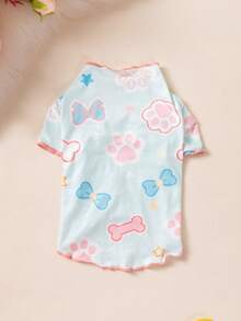Camiseta para perro con estampado de pata y hueso, ribete de color contrastante, manga corta, ajustada y que cubre el vientre, ropa diaria para cachorro - Celeste - Ver 12