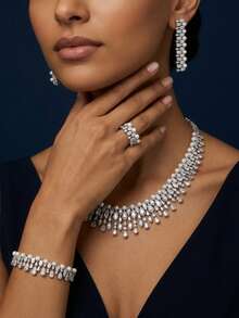 BIIDETALK 4Pcs Luxury Women Bridal Jewelry Set, Pearl Rhinestone Tassel Crystal Inlaid Necklace Earrings Bracelet Ring For Wedding Prom Bridesmaid Gift - Silver - View 5
