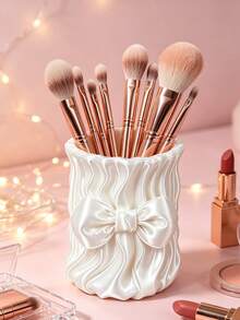 Cute Bow Satin Makeup Brush Holder, Pleated Silky Cosmetic Storage Cup, Decorative Desktop Storage Container Suitable For Vanity, Girls Makeup Accessories - Multicolor - View 3