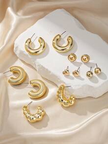 6 Pairs Exquisite Unique Stud Earrings Set, Heart-Shaped, C-Shaped, Textured Bubble, Tiered Earrings Combination, Women's Jewelry For Party, Gathering, Outing, Holiday Gift - Yellow Gold - View 3