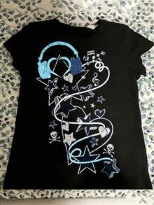 New Arrival Tween Girl Y2K Retro Anime T-Shirt Vintage Streetwear Oversized Manga Tee, Stretchy Unisex Summer Top For Casual & Themed Events - 黑色2 - 查看 1