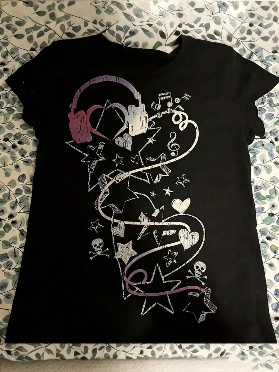 New Arrival Tween Girl Y2K Retro Anime T-Shirt Vintage Streetwear Oversized Manga Tee, Stretchy Unisex Summer Top For Casual & Themed Events - 黑色4 - 查看 1