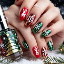 24 Peças de Unhas Postiças Curtas Brilhantes com Padrão de Floco de Neve de Natal, Adesivos de Unha de Rena, Removíveis e Reutilizáveis, Unhas Postiças Multicoloridas para Viagem, Festa, Eventos e Feriados - Vermelho - Visão 9