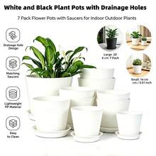 7-Pack White And Black Plastic Plant Pots, Multi-Size Flower Pots With Trays - A - View 1