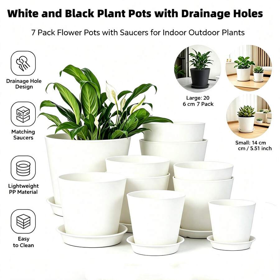 7-Pack White And Black Plastic Plant Pots, Multi-Size Flower Pots With Trays - A - View 1