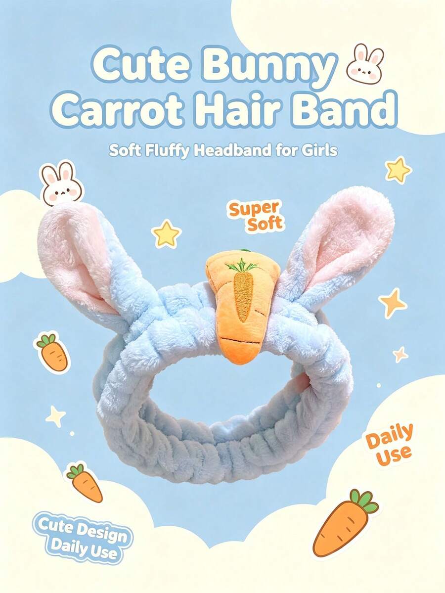 Luxury Cute Rabbit Ear Headband, Soft Plush Elastic Hair Hoop With Carrot Pattern, Suitable For Skincare And Makeup - 1 Headband - View 1